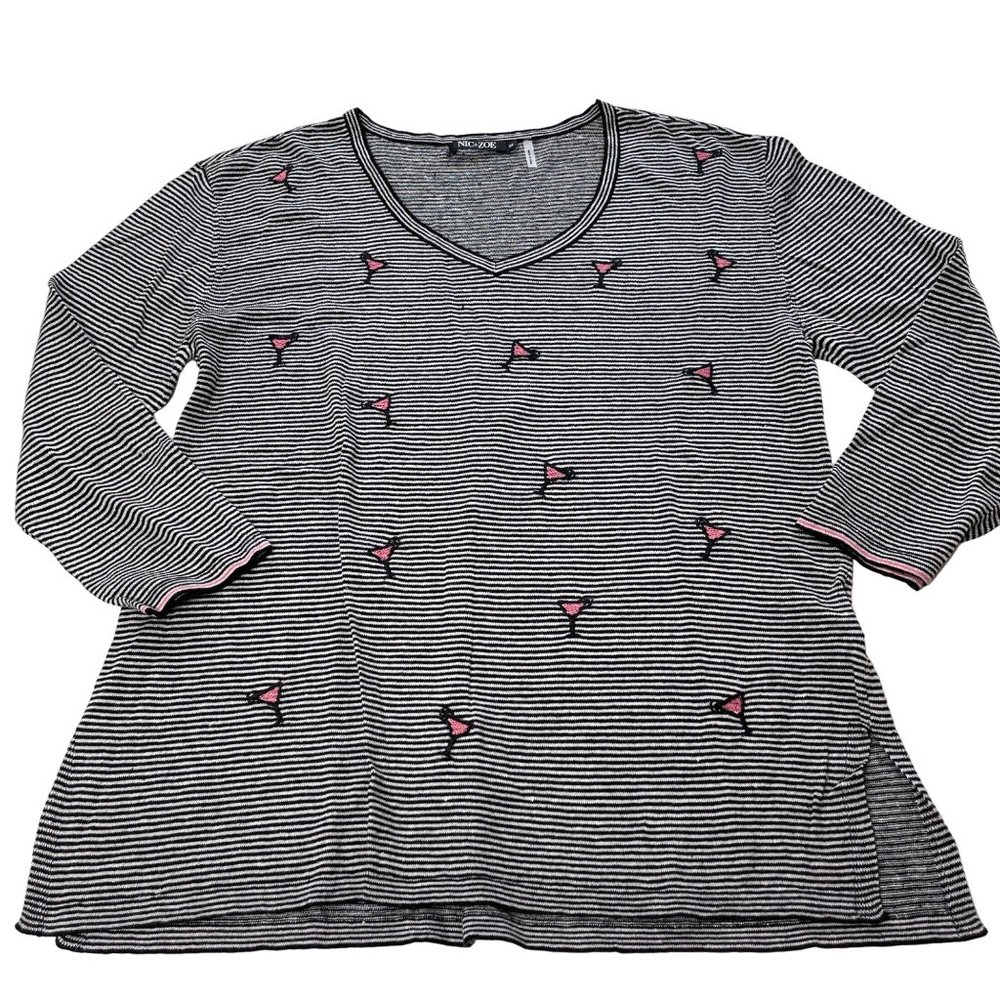 Nic + Zoe Black White Stripe Linen Blend Embroidered Cosmo Martini Top Size M